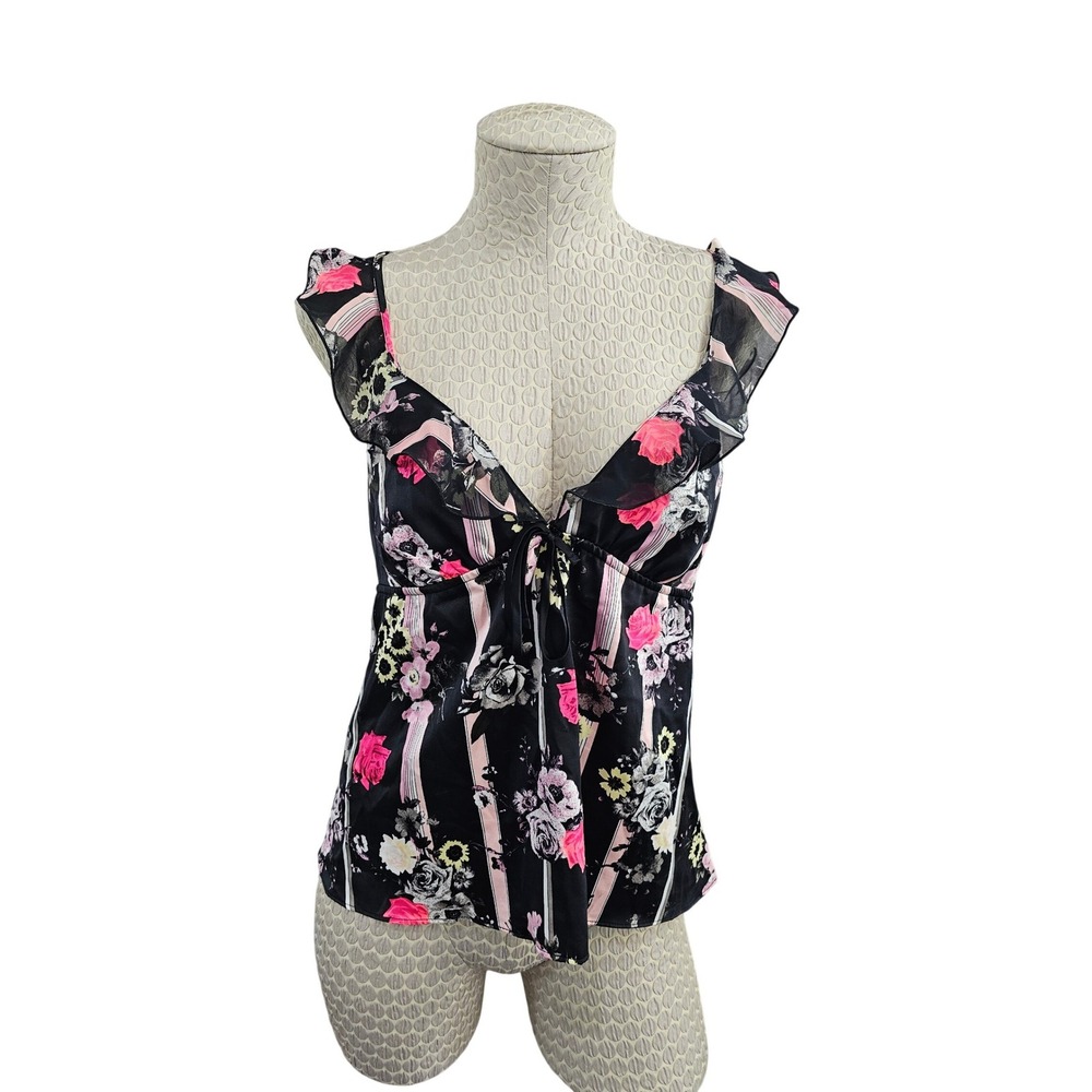 Victoria's Secret Floral Ruffle Satin Babydoll Top Black Pink Sleeveless Blouse